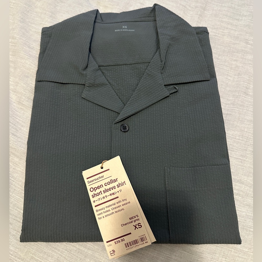 Brand New MUJI Seersucker Open Collar Short Sleeve Shirt Charcoal Grey XS